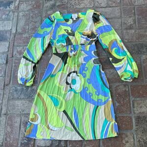 Vintage Suzi CHIN for Maggy Boutique Satin Dress Abstract Long Sleeve V-Neck 2
